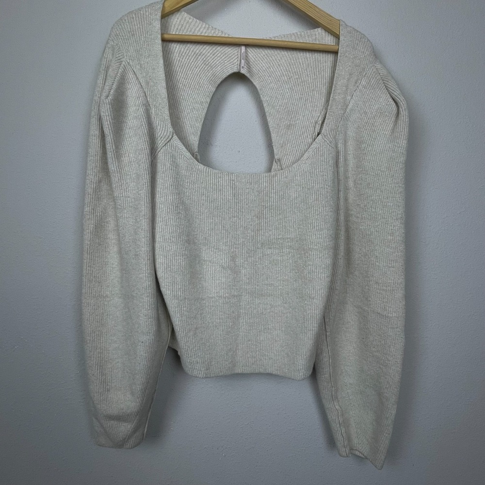 Free People Saffron Ribbed Scoop Neck Oatmeal Sweater XL‎ Boho Cut-Out